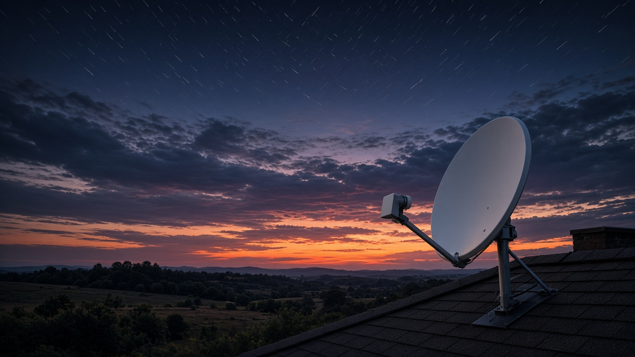 Satellite dish under twilight sky with orbital trail, watermark-free editorial