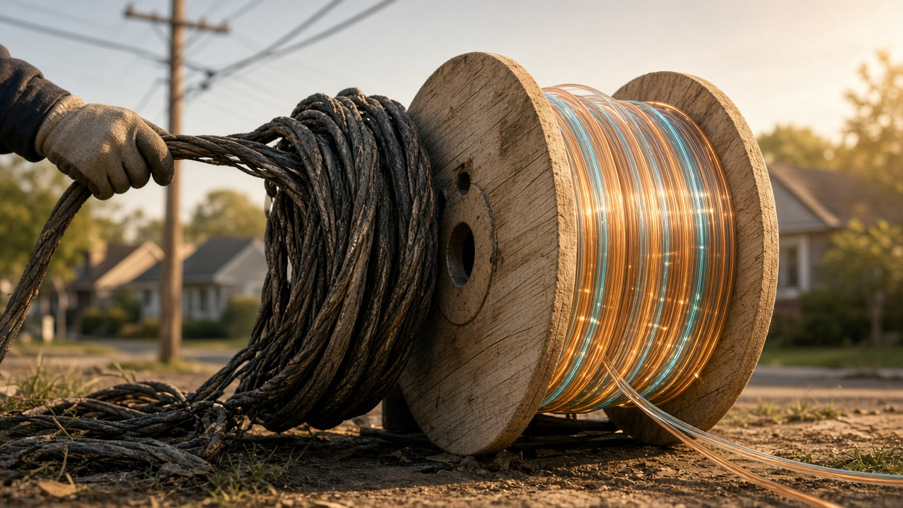 Gloved hand replacing old copper cable beside a spool of glowing fiber on a residential street