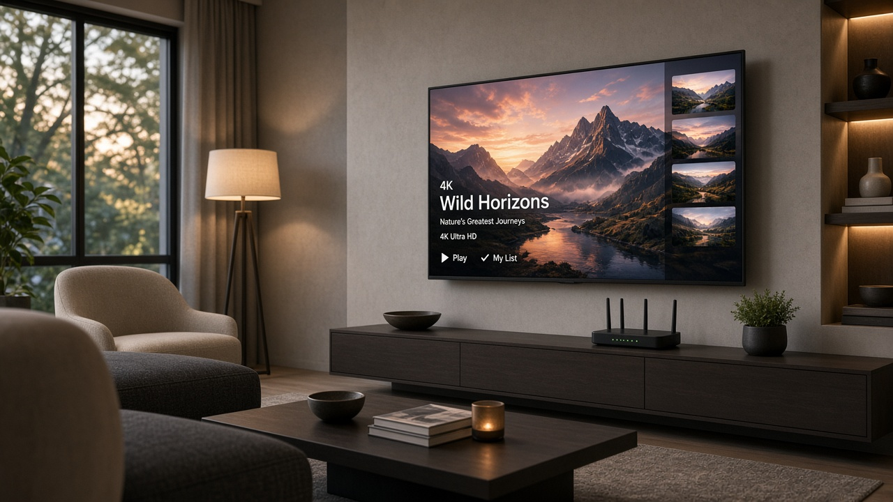 Modern living room with a 4K streaming interface on the TV and a multi-antenna Wi‑Fi router on the media console