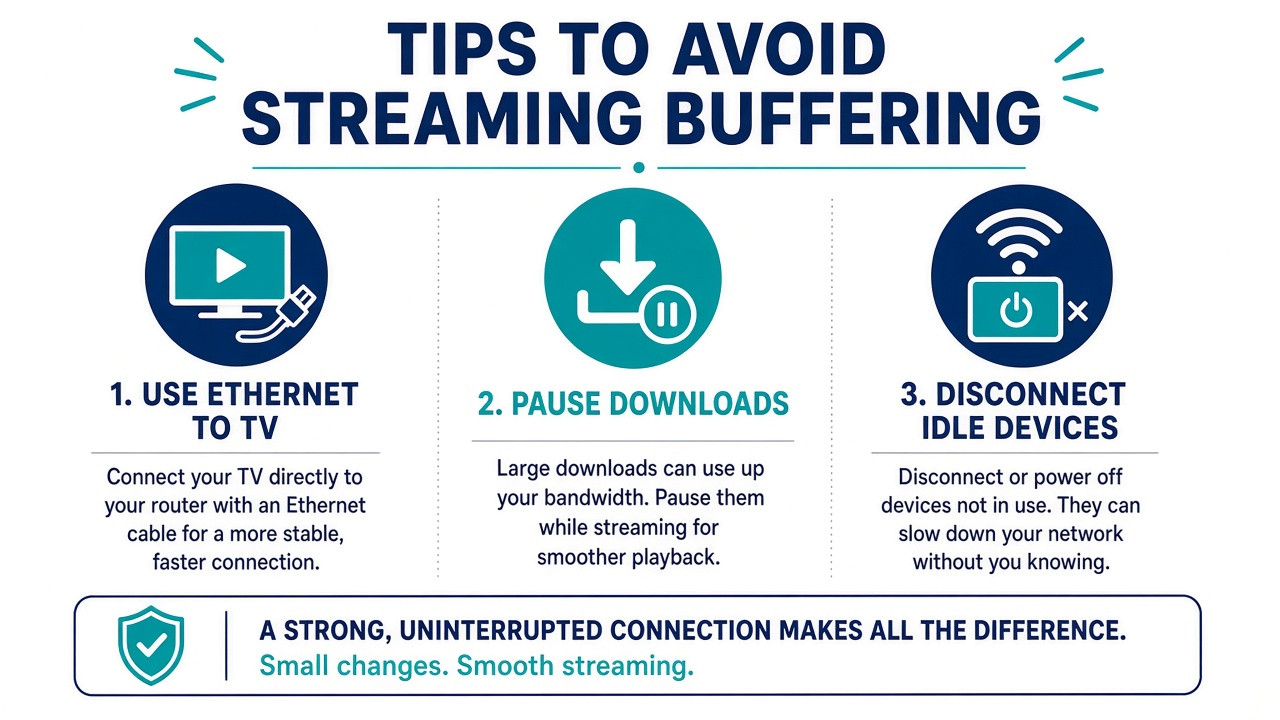 Three tips to avoid streaming buffering: use Ethernet to the TV, pause large downloads, and disconnect idle devices