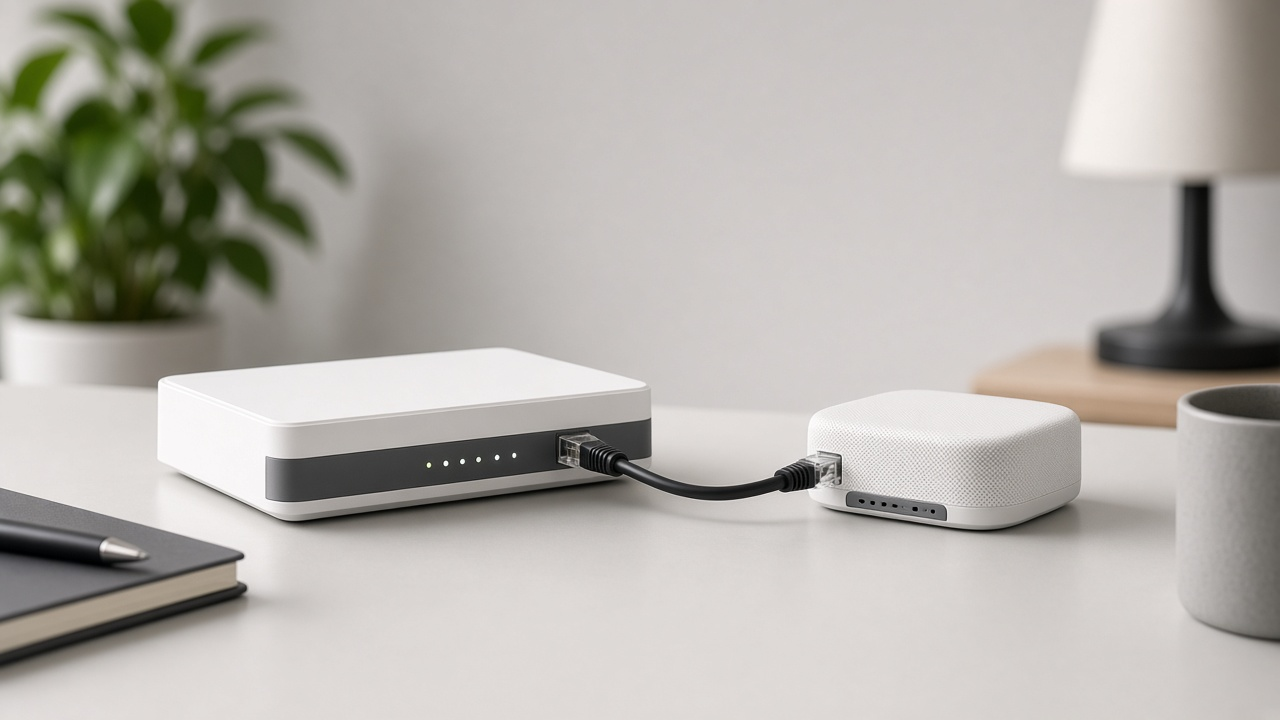 Two white networking devices linked by a short black ethernet cable on a clean desk