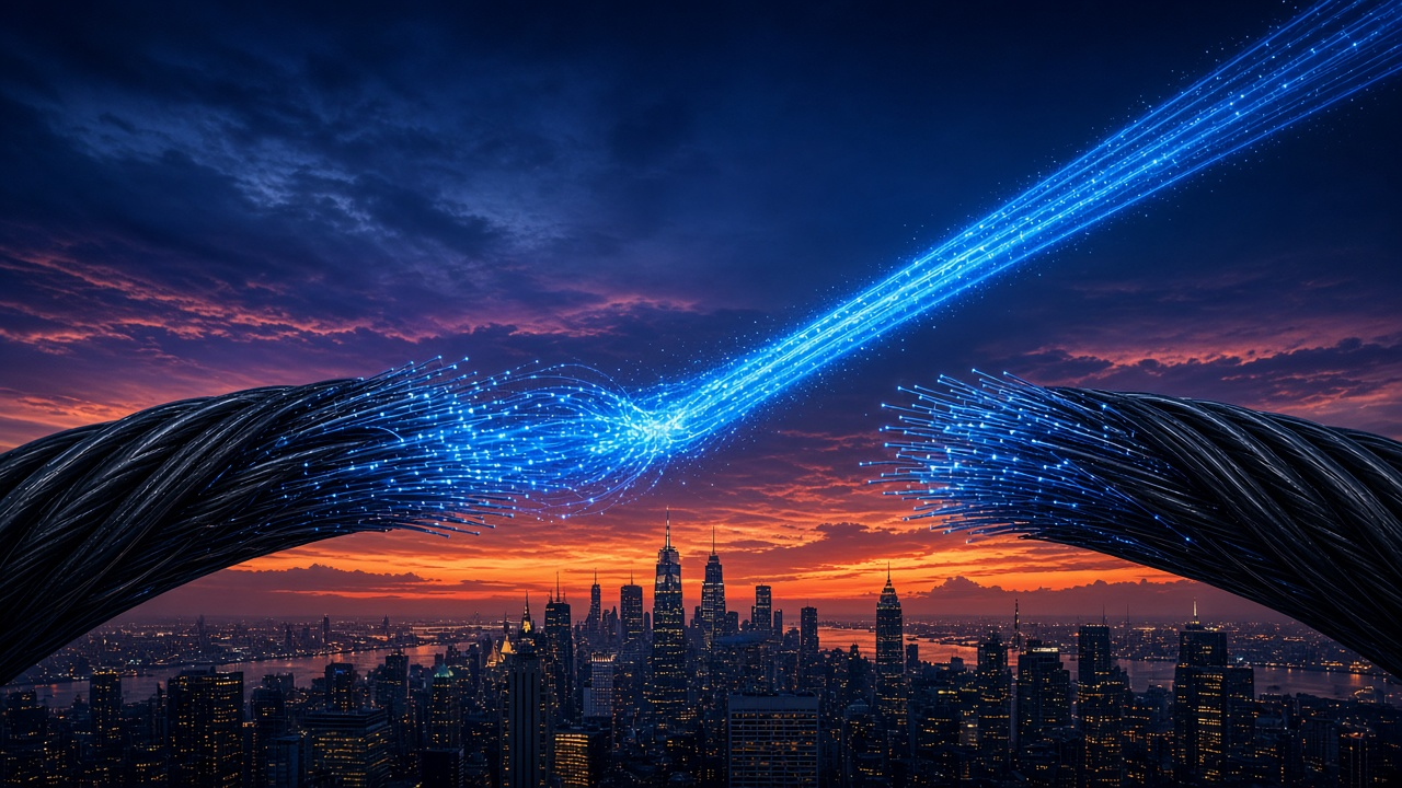 Fiber cables joining into a blue data stream over a city skyline