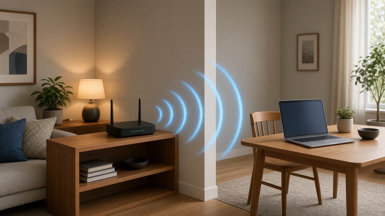 Wi-Fi signal passing through a wall to a laptop in the next room