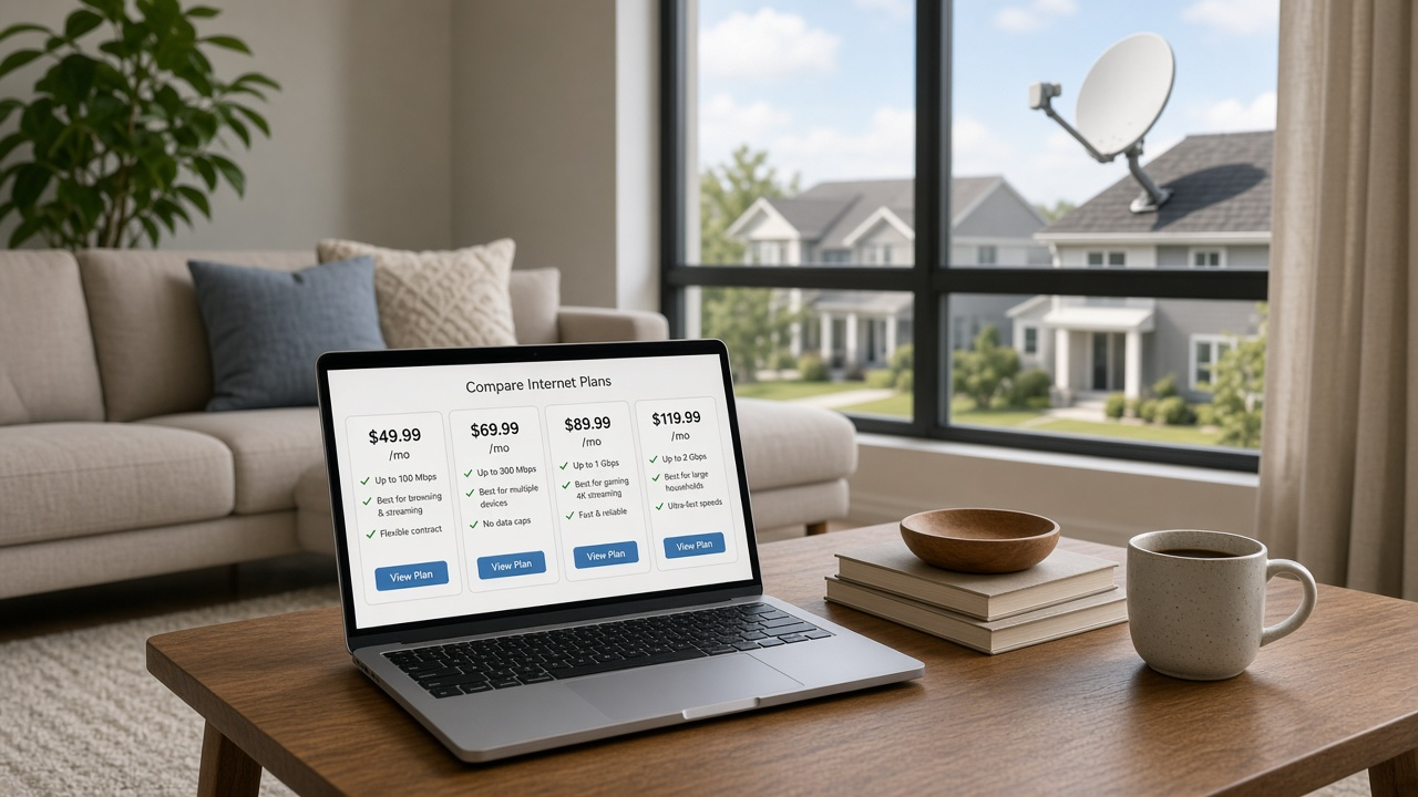 Home with a satellite dish and an internet plan comparison on a laptop