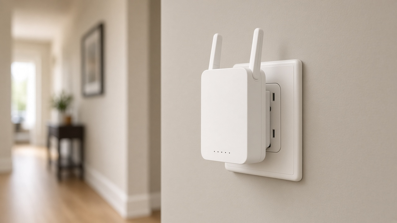 Mesh Wi-Fi nodes glowing across soft interior room panels