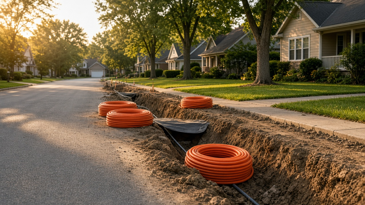 Glowing fiber strands to an ONT beside a home silhouette at dusk