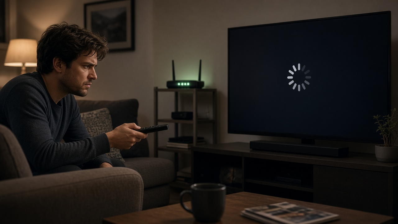 Living room TV showing a generic streaming player stuck on a buffering spinner