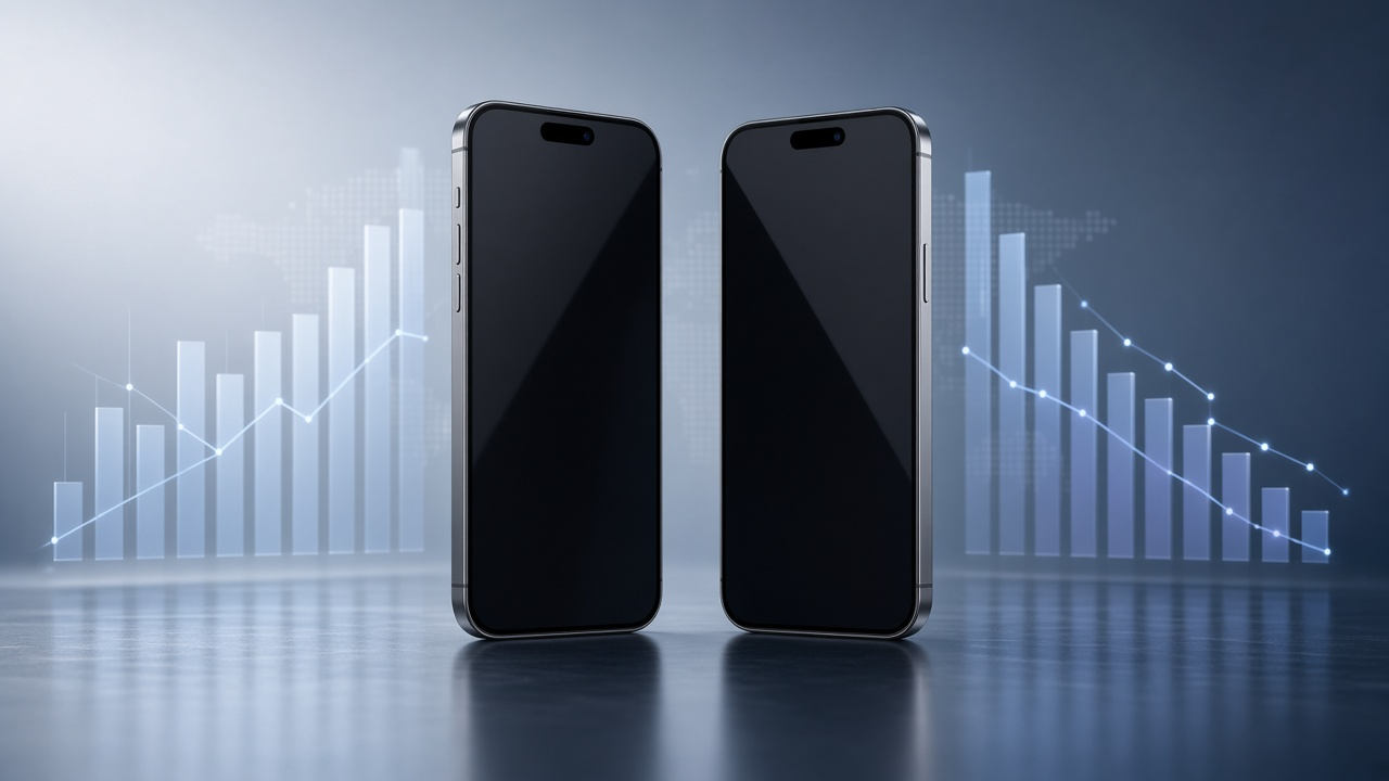 Two generic logo-free smartphones standing on a reflective surface between glowing upward and downward shipment charts
