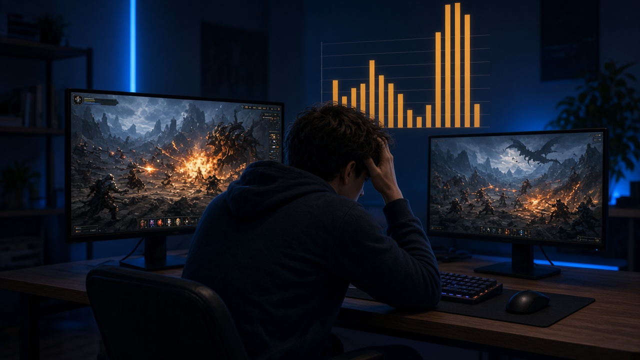 Frustrated gamer at dual monitors with fantasy combat on screen and amber latency spike bars