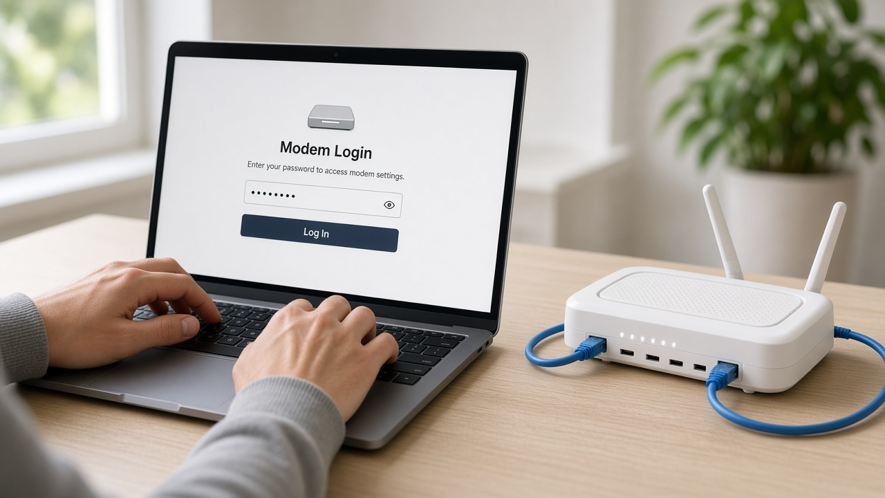Hands entering modem login details on a laptop beside a Wi-Fi router