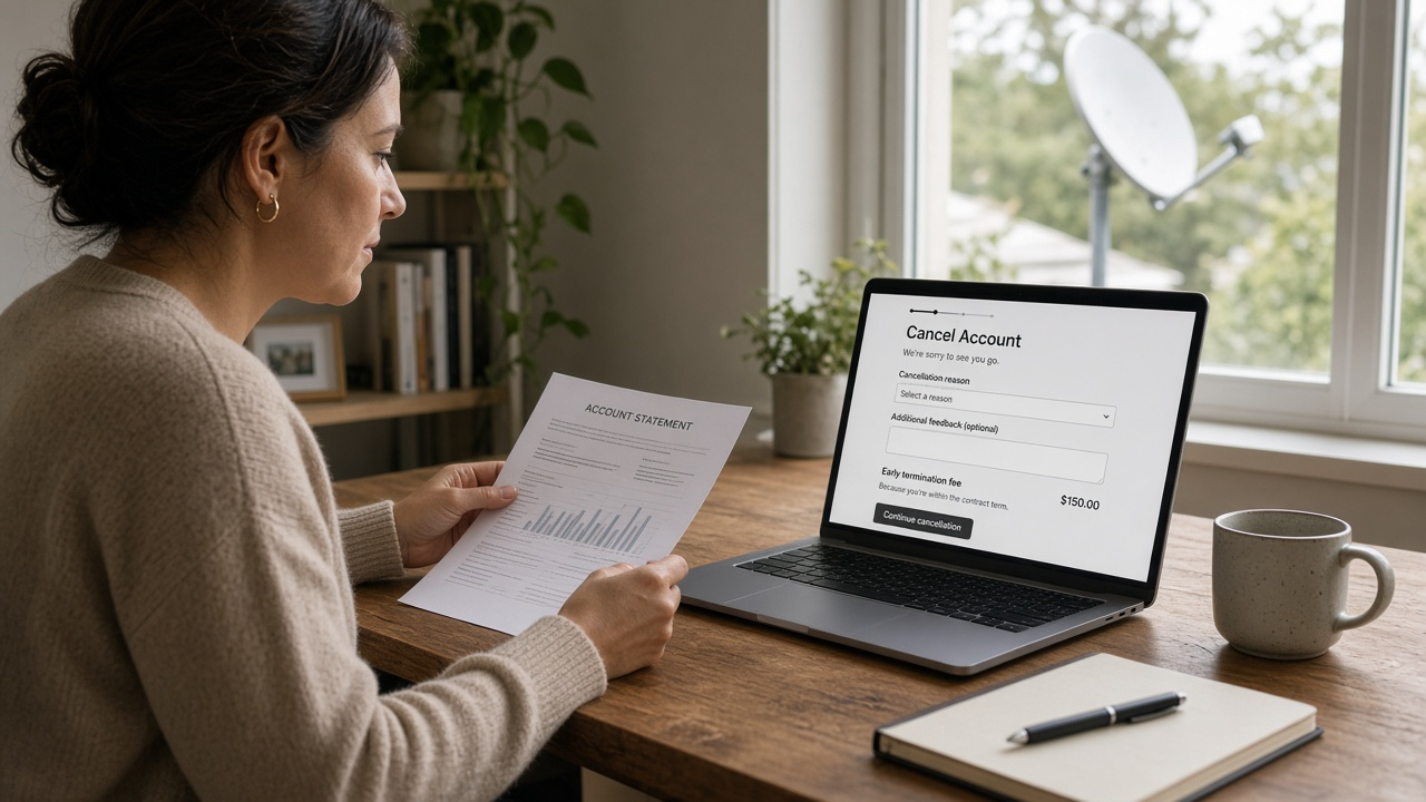 Customer reviewing a satellite internet cancellation form and bill