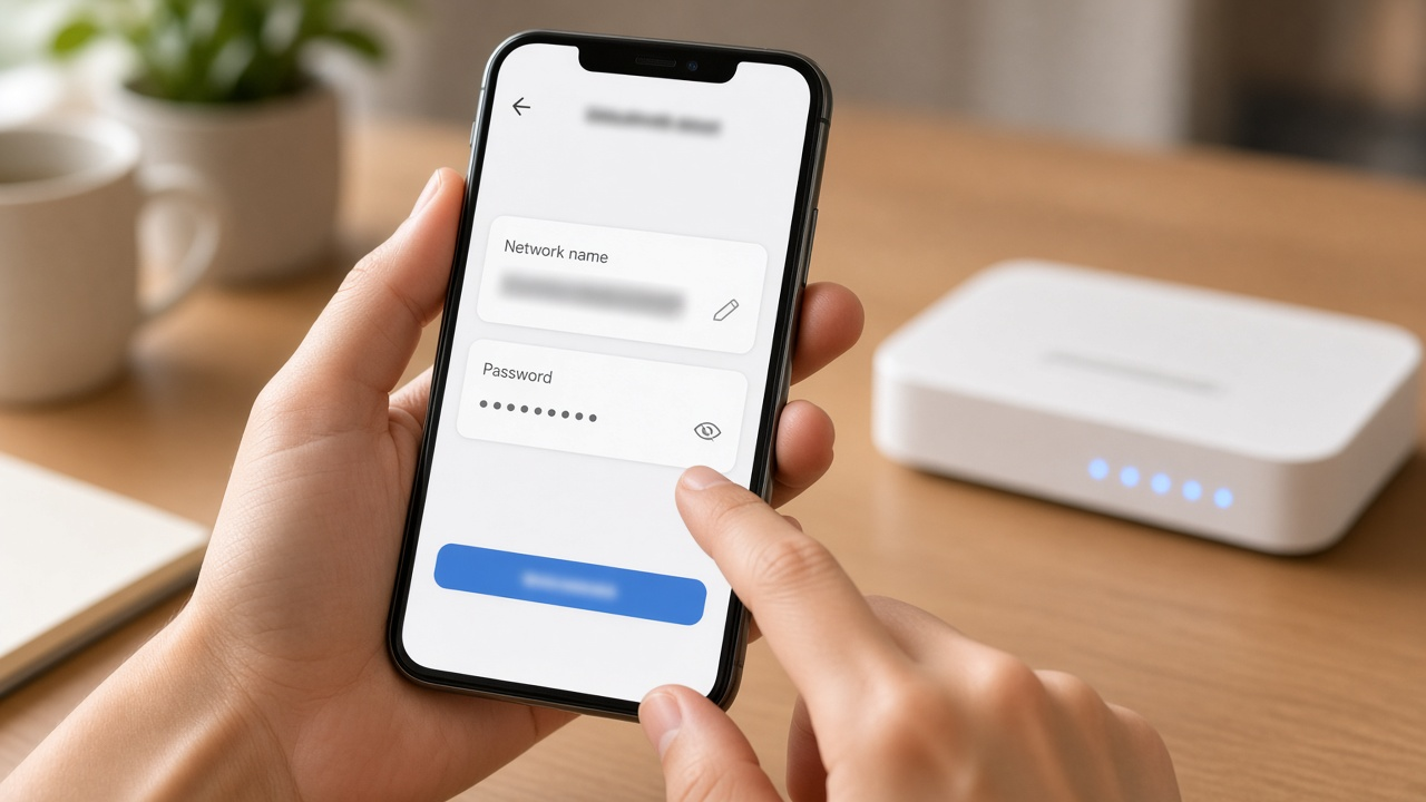 Router settings screen for changing a Wi-Fi network name and password