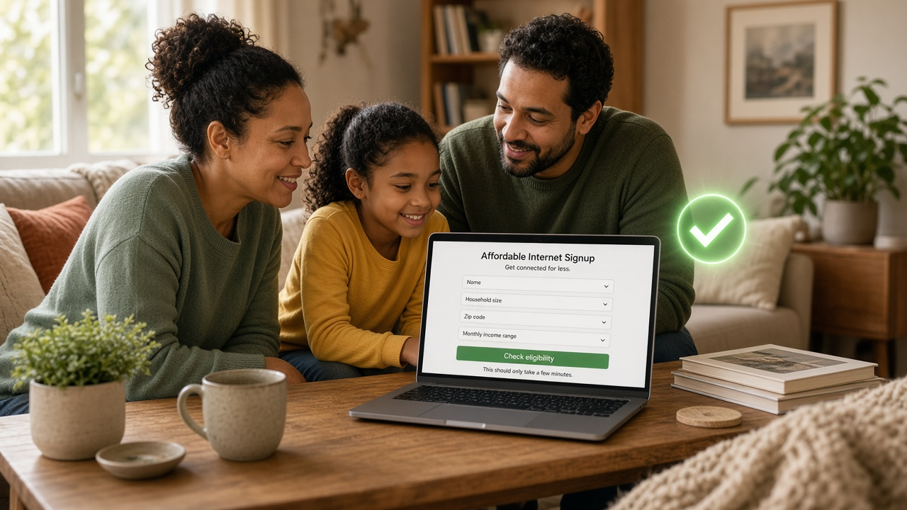 Family reviewing an affordable internet signup form on a laptop in a bright living room