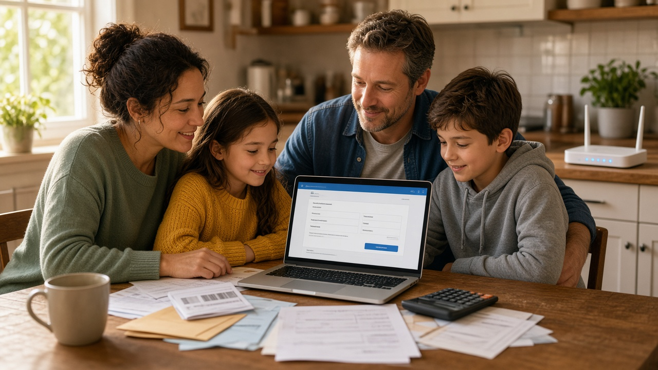 Family at a kitchen table reviewing an assistance form on a laptop with bills and calculator, white Wi-Fi router with blue LEDs in the background