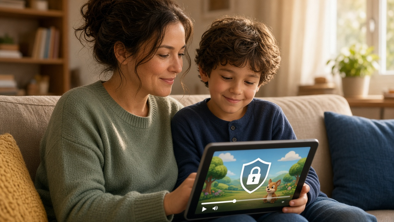 Parent and child using a tablet with online safety controls