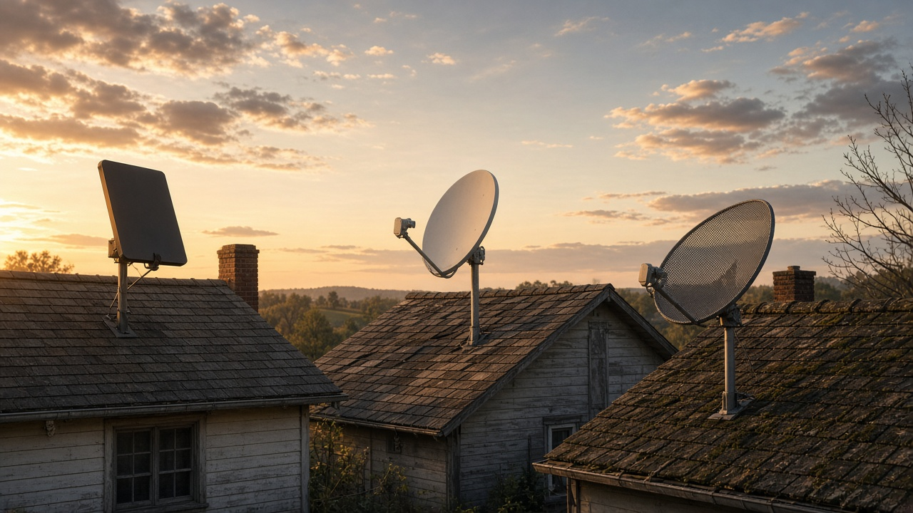 Satellite dish under twilight sky with orbital trail, watermark-free editorial