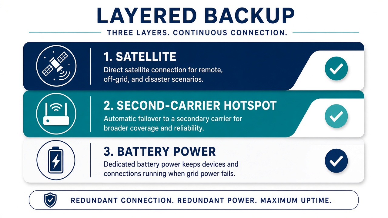 Three-layer backup plan using satellite, a second cellular carrier, and battery power