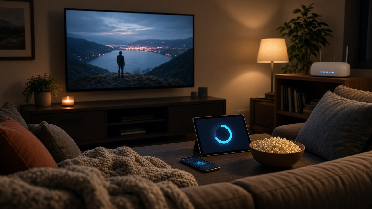 Cozy evening living room with TV streaming, tablet and popcorn on the coffee table, white Wi-Fi router with blue LEDs on a shelf