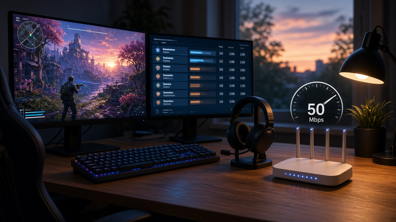 Gaming desk at dusk with dual monitors, keyboard, headset, white Wi-Fi router with blue LEDs, and a soft 50 Mbps speed gauge overlay