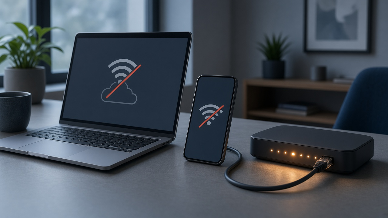 Laptop and phone showing lost internet connectivity beside a modem