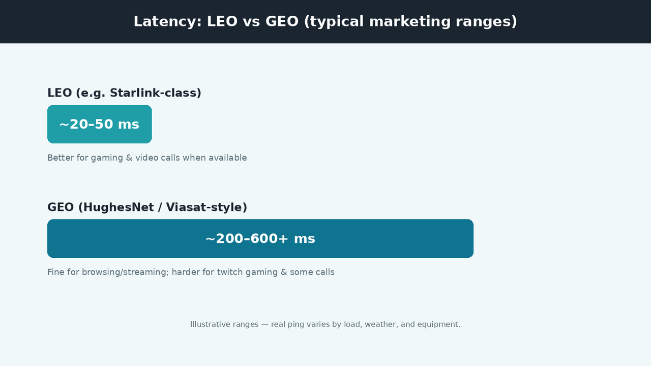 Bar comparison of typical LEO 20-50 ms versus GEO 200-600+ ms latency ranges