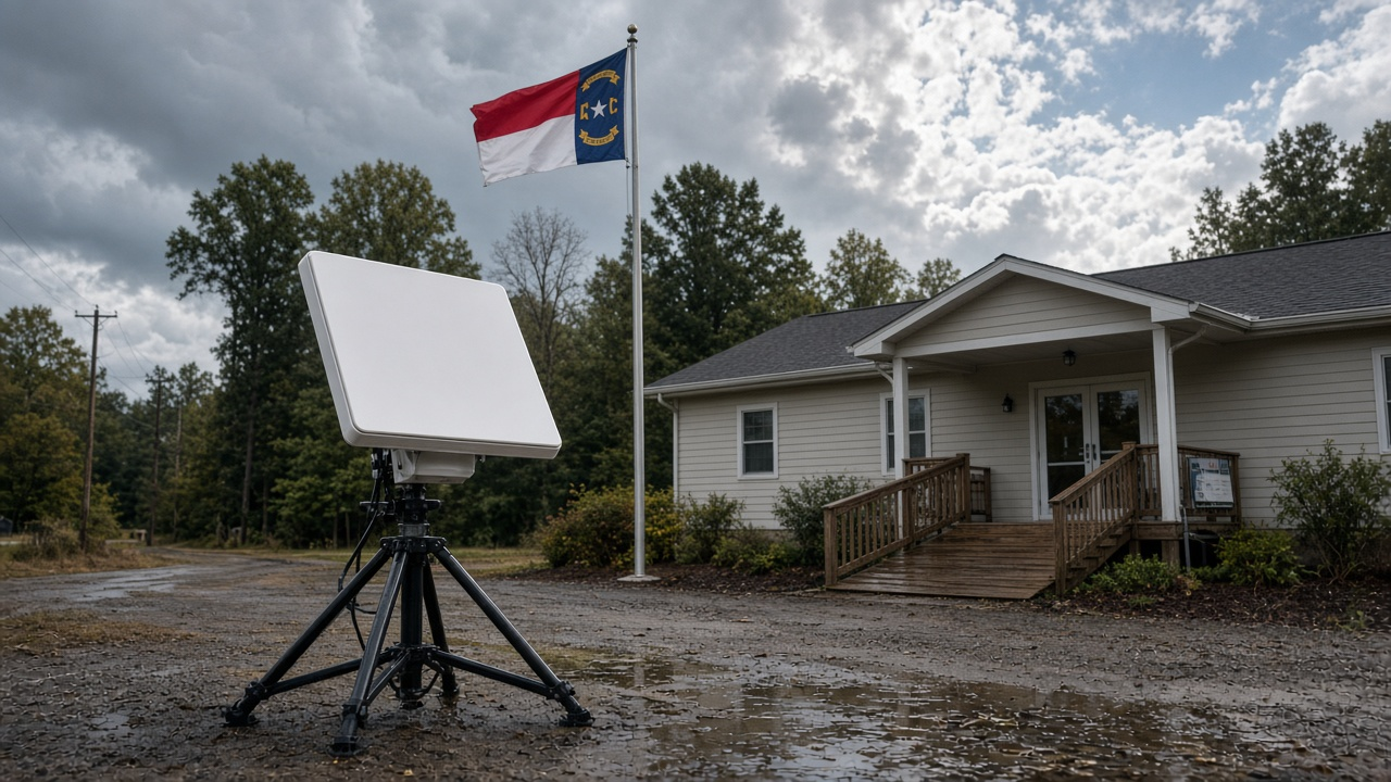 Portable satellite terminal outside a North Carolina community building after rain