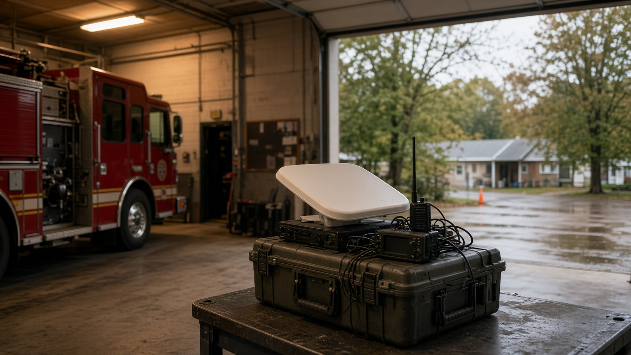 Satellite communications kit staged inside a volunteer fire station