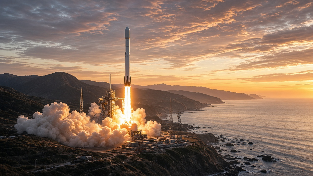 Rocket launching from California’s coast at sunrise