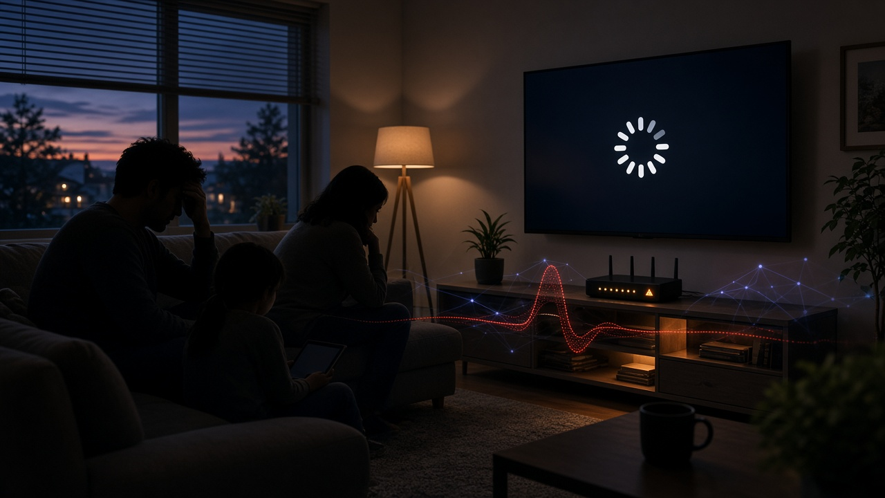 Family waiting while a television buffers during an internet outage