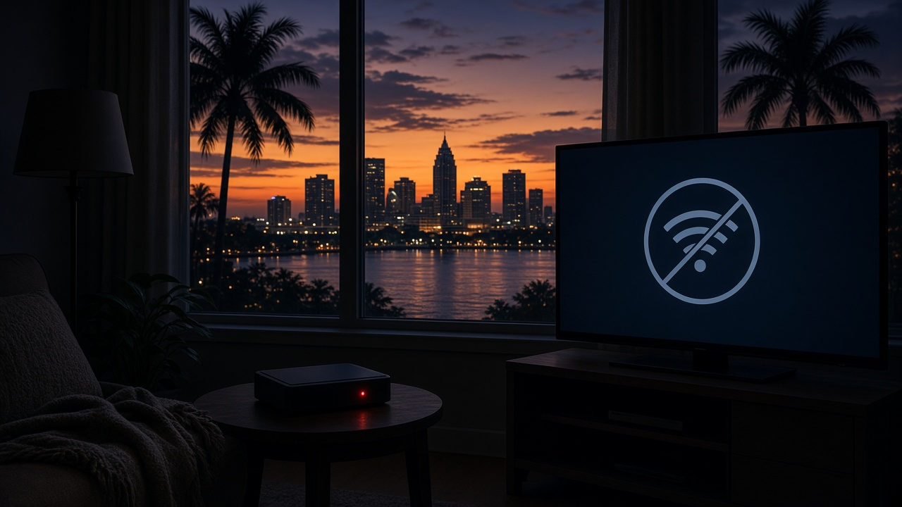 Television showing a Wi-Fi outage symbol against the Orlando skyline