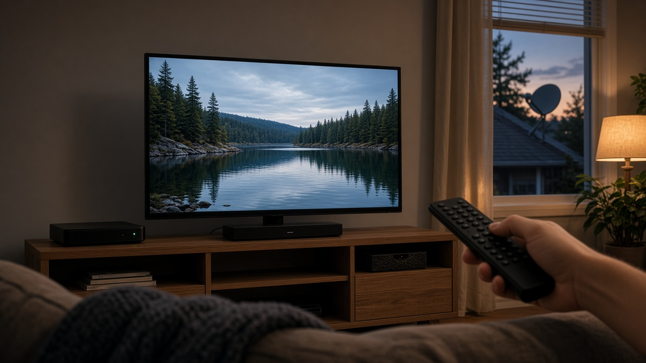 Television and remote beside a home satellite dish for a service comparison