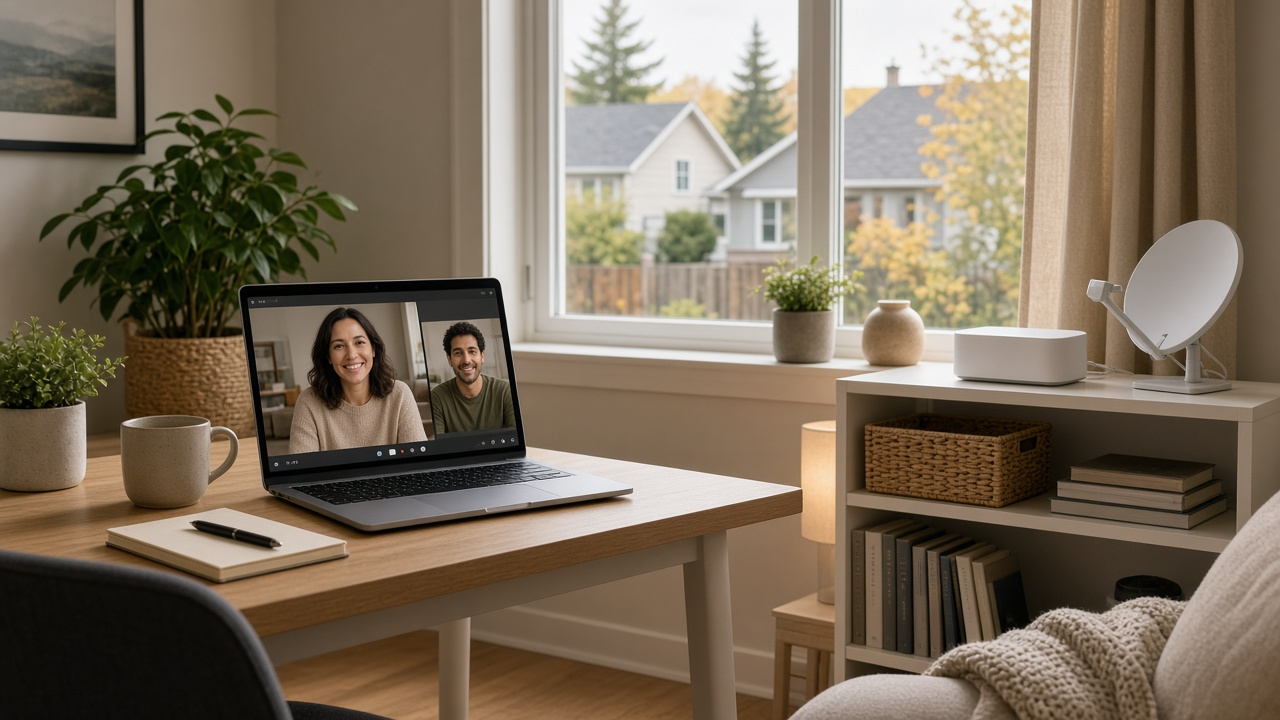 Home office with a laptop on a video call and satellite internet hardware on a nearby shelf