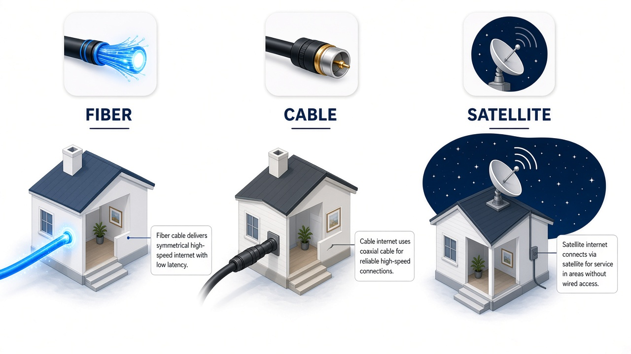 Side-by-side illustration comparing fiber, cable coax, and satellite delivery into a home