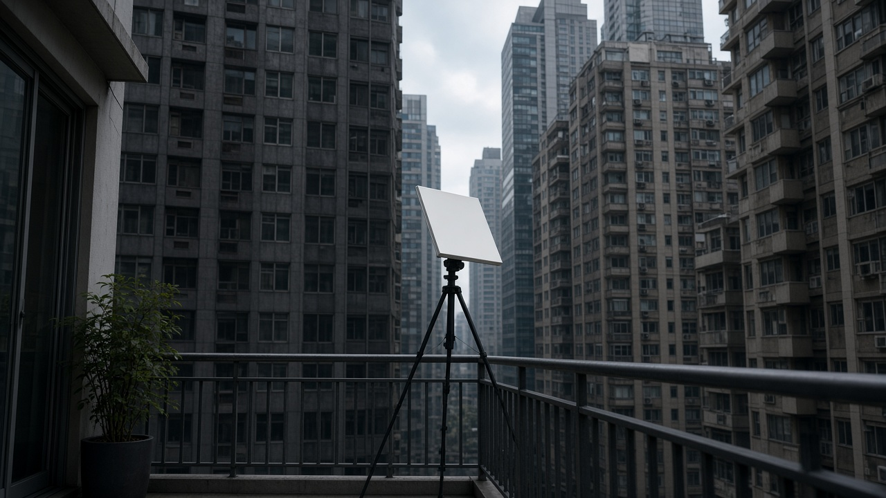 Apartment balcony with a tripod-mounted white satellite dish facing a narrow gap between tall buildings