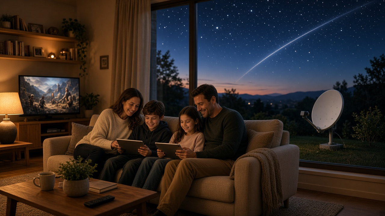 Family using connected devices with a satellite internet dish visible outside