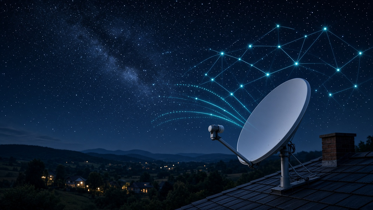 Satellite dish linked to a constellation of satellites at night