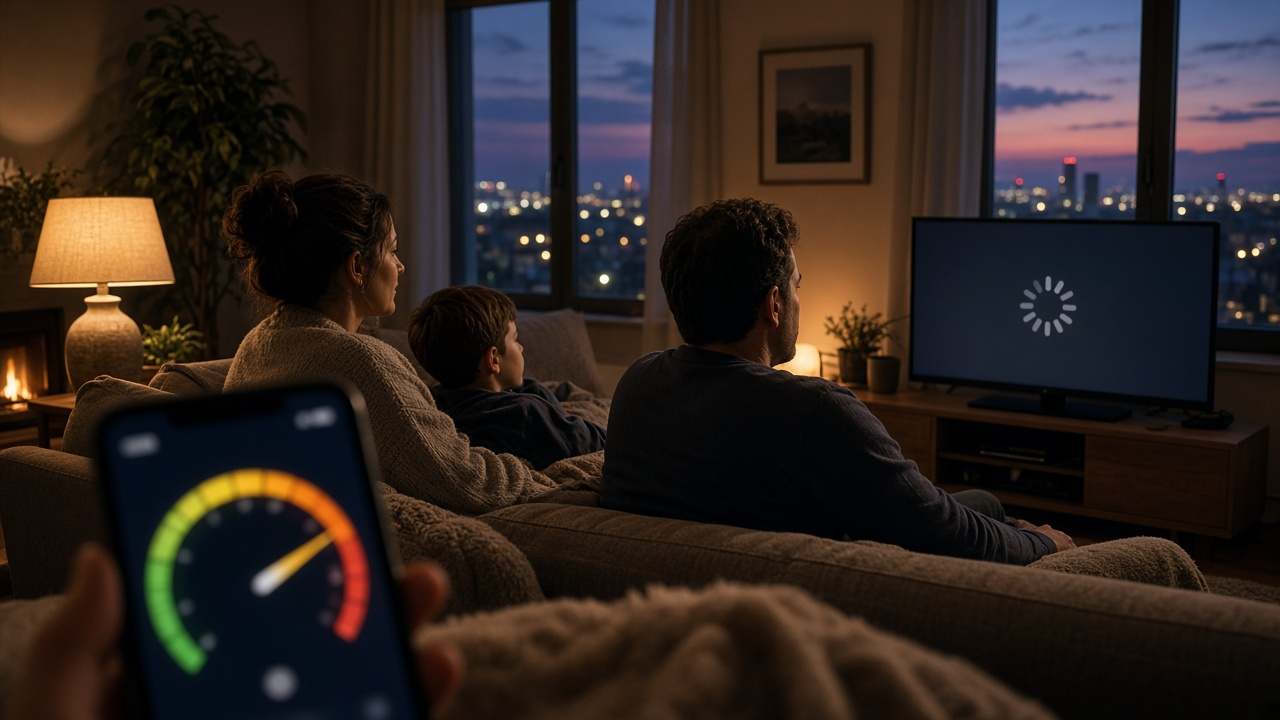 Family streaming television at night while monitoring internet speed