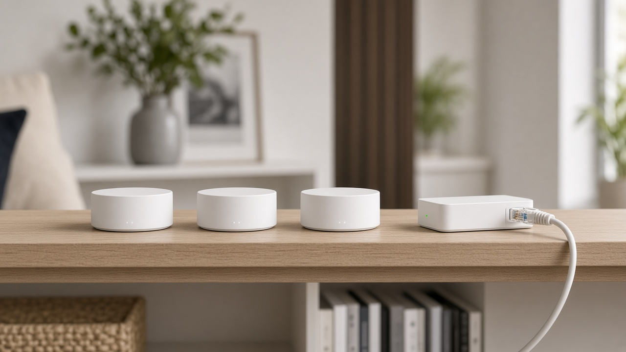 White mesh Wi-Fi routers arranged on a table for review