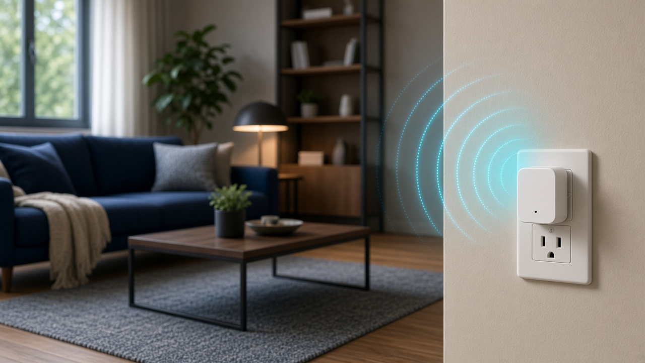 White wall-plug Wi-Fi extender casting soft cyan signal waves into a living room