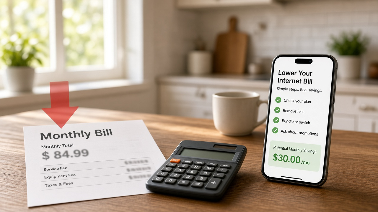 Kitchen table with a monthly bill, calculator, and phone showing internet bill savings tips