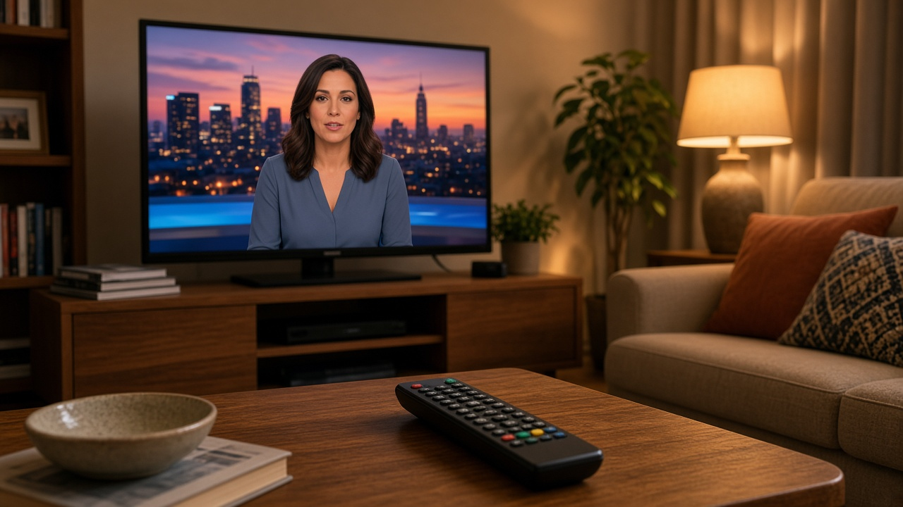 Cozy living room evening TV with a news broadcast on screen and remote on the coffee table