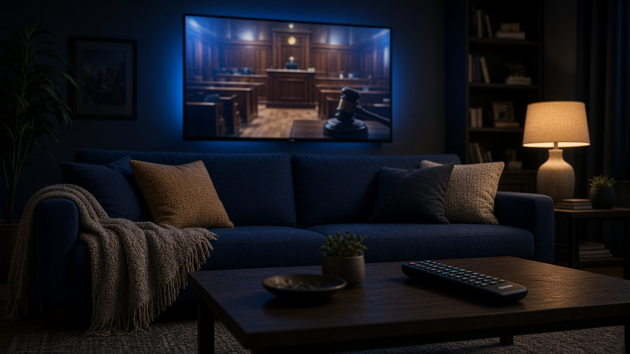 Courtroom program playing on a television with a remote nearby