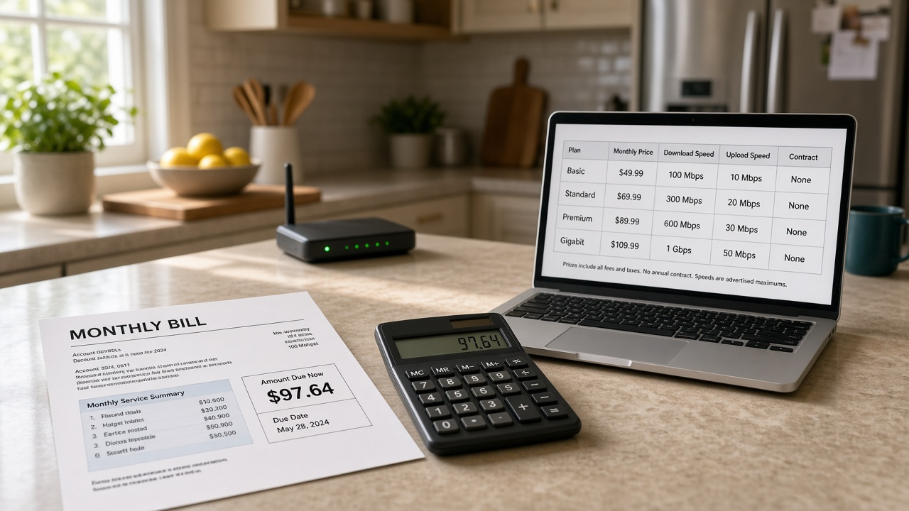 Home internet bill, calculator, and plan comparison displayed on a laptop