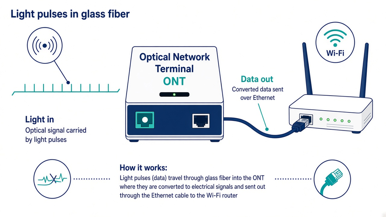 Diagram showing light pulses in fiber entering an ONT and Ethernet data leaving to a Wi-Fi router