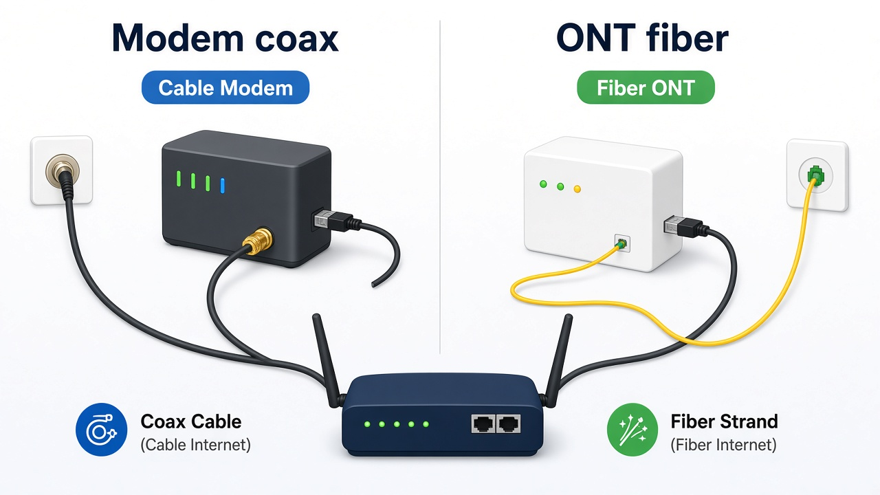 Side-by-side comparison of a cable modem on coax versus a fiber ONT on a fiber strand, both feeding a router