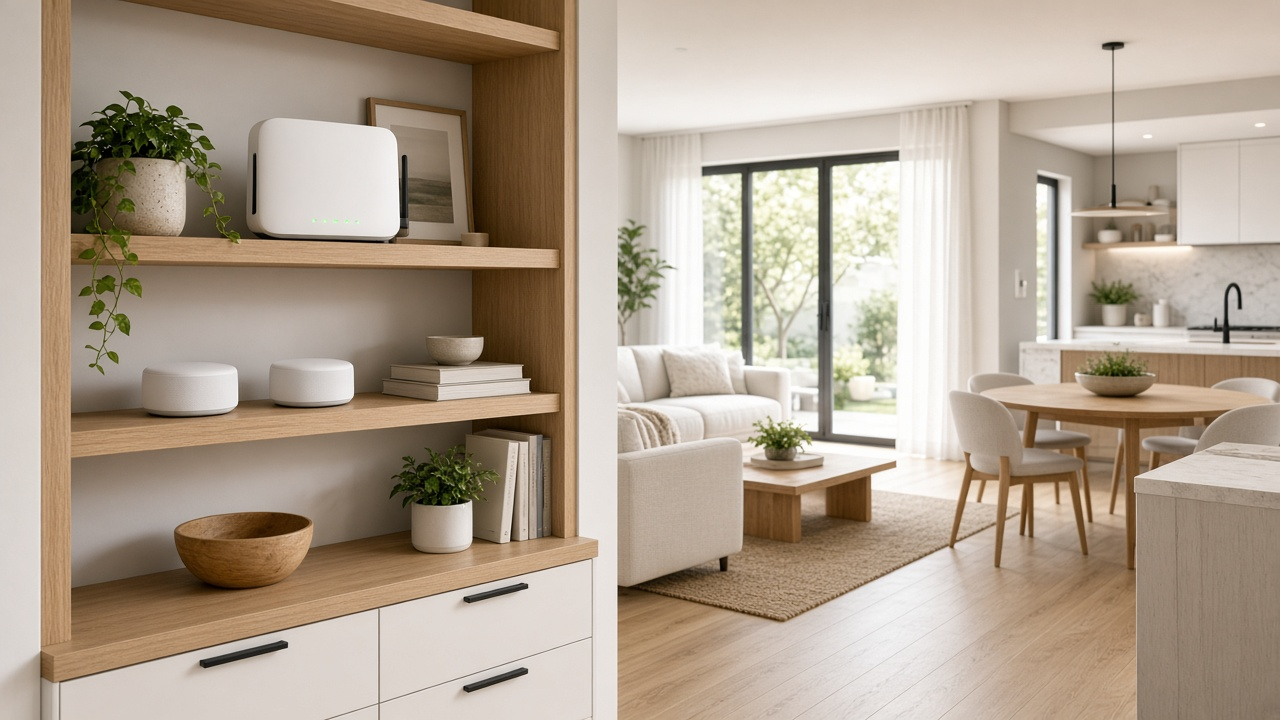 Mesh Wi-Fi nodes glowing across soft interior room panels