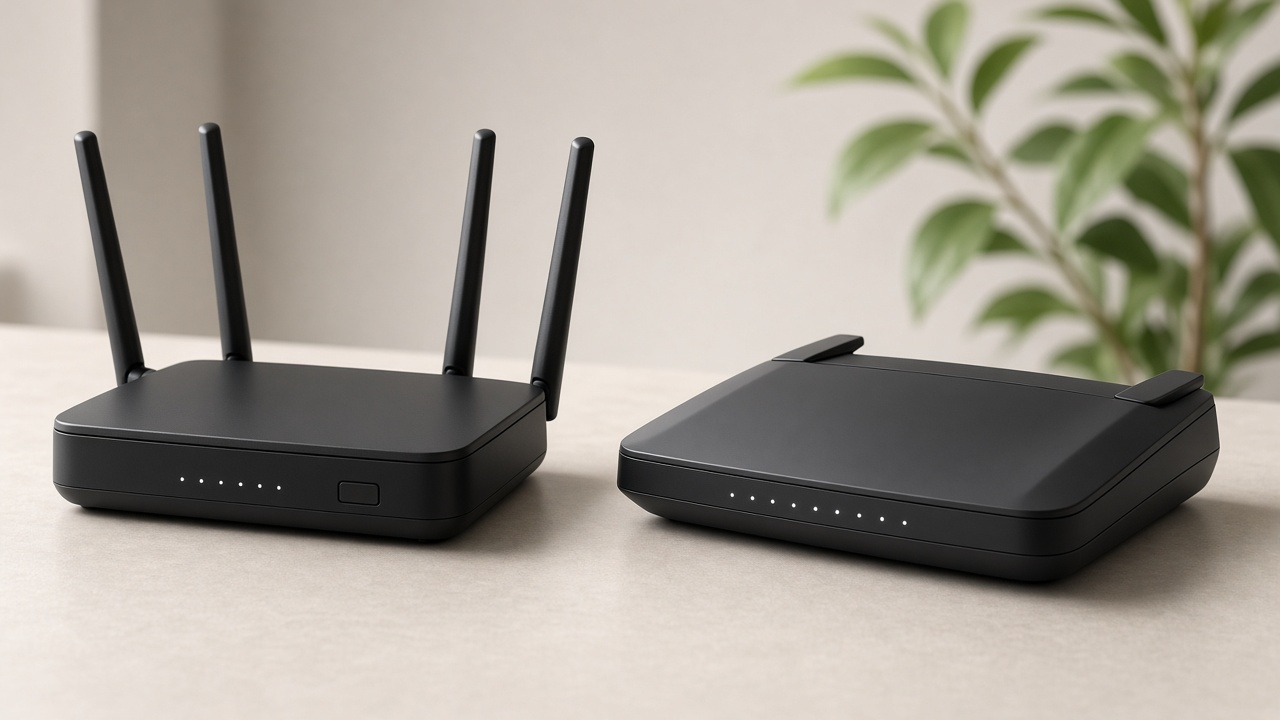 Mesh Wi-Fi nodes glowing across soft interior room panels