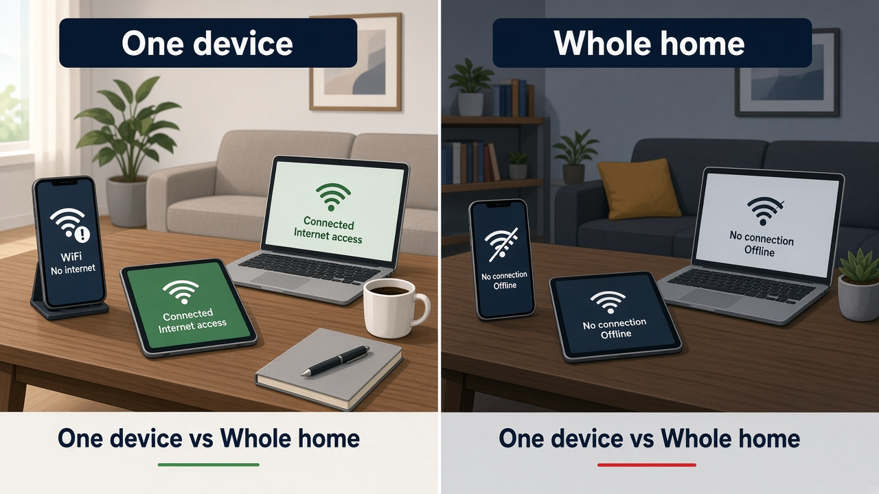 Split comparison of one device offline versus every device in the home offline