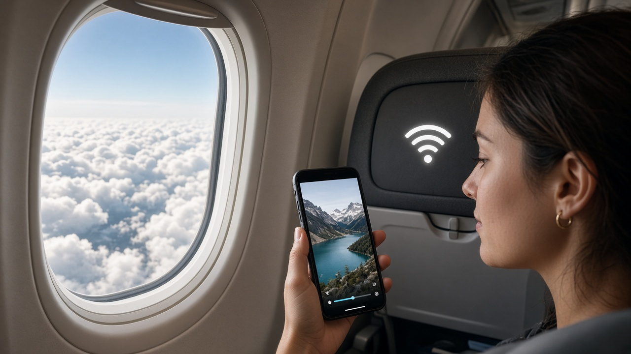 Airline passenger using a smartphone beside an airplane window and Wi-Fi symbol