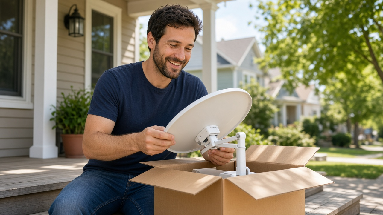 Person setting up a rented satellite internet dish outside a home